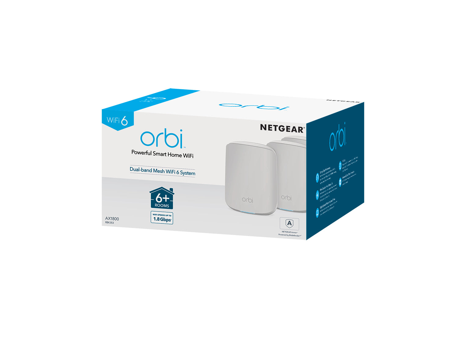 NETGEAR Orbi RBK353 AX1800 WiFi 6 Dual-band Mesh System Dual-Band (2,4 GHz/5 GHz) Wi-Fi 6 (802.11ax) Weiß 7 Intern RBK353-100EUS