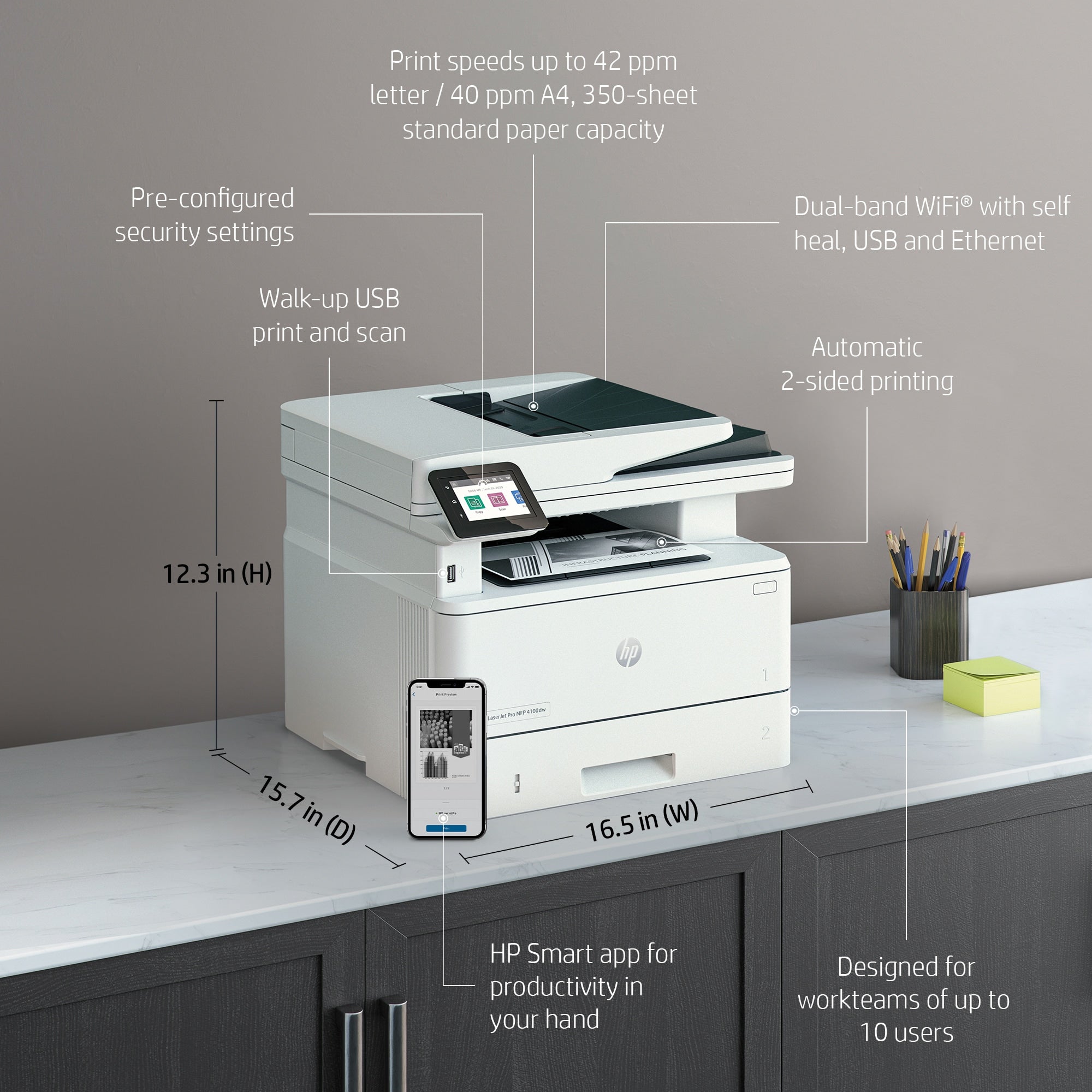 HP LaserJet Pro 4002dw Drucker, Schwarzweiß, Drucker für Kleine und mittlere Unternehmen, Drucken, Beidseitiger Druck; schnelle Ausgabe der ersten Seite; kompakte Größe; Energieeffizienz; hohe Sicherheit; Dual-Band Wi-Fi 2Z606F#B19