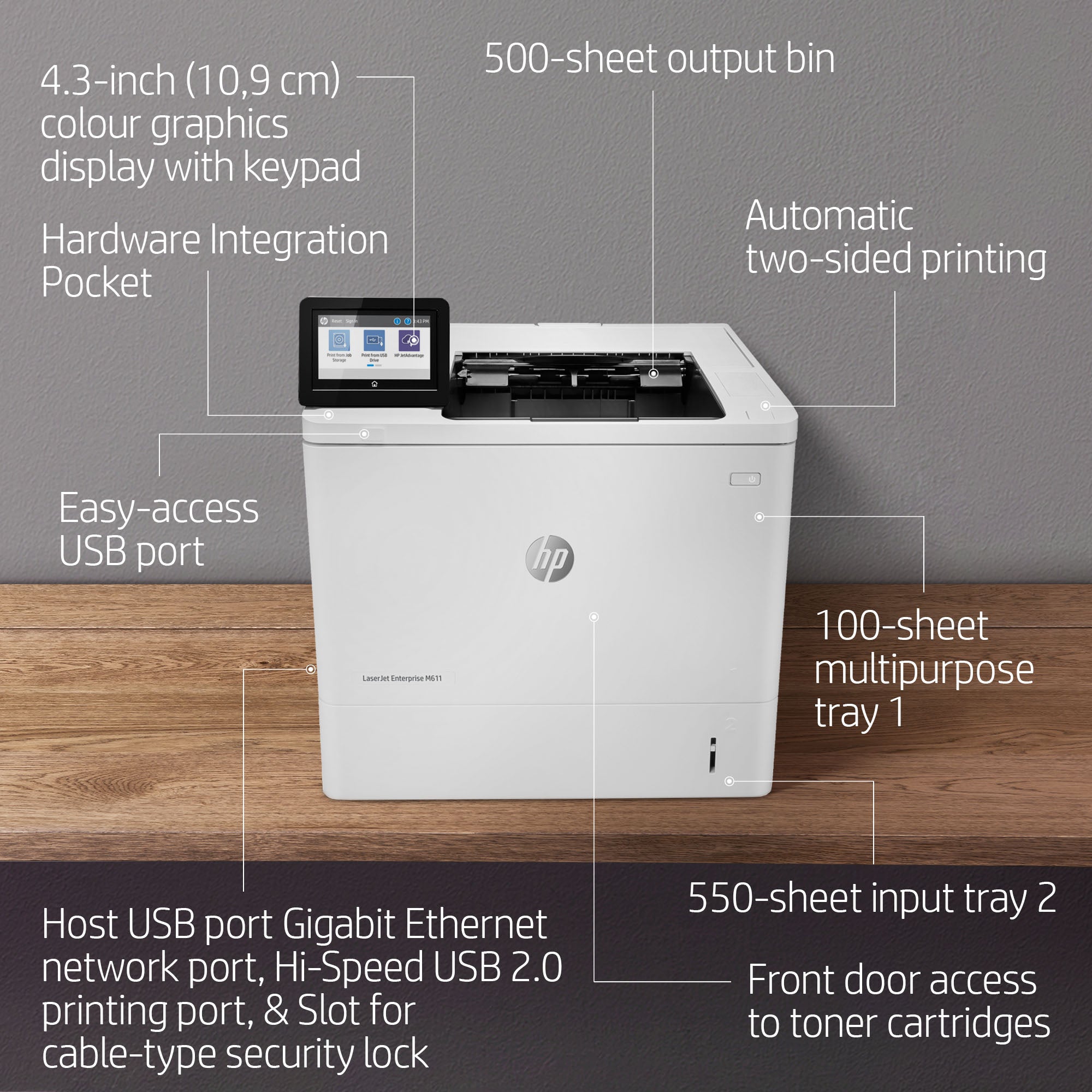 HP LaserJet Enterprise M611dn Schwarzweiß Drucker, Nur Ethernet; Duplex 7PS84AB19