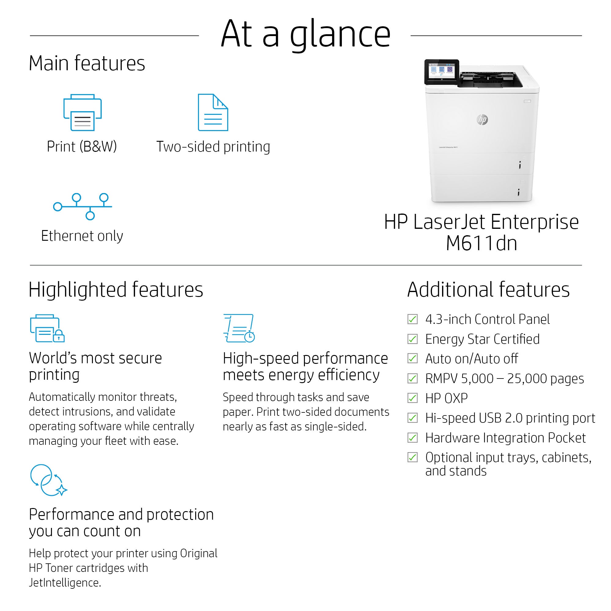 HP LaserJet Enterprise M611dn Schwarzweiß Drucker, Nur Ethernet; Duplex 7PS84AB19