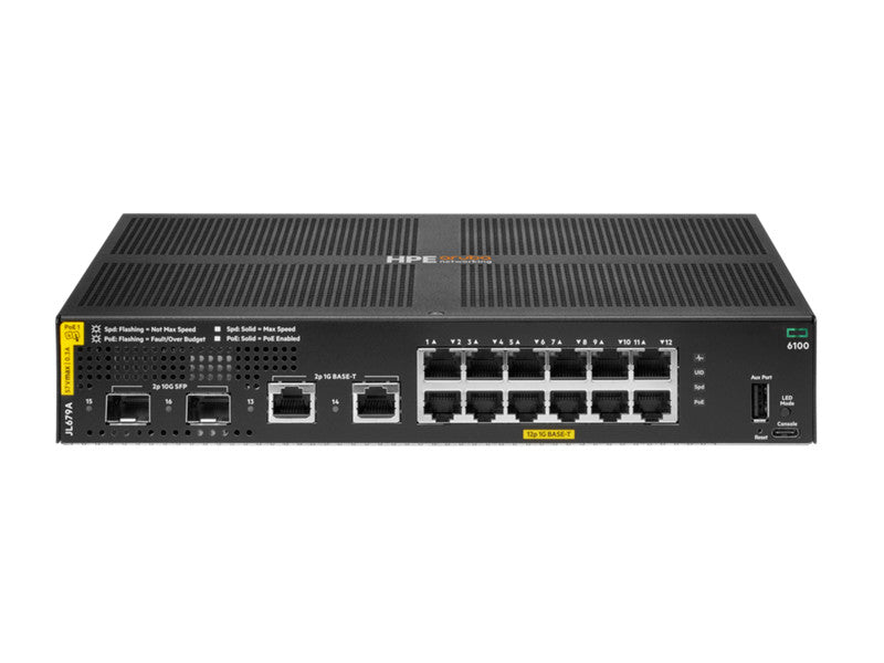 HPE Aruba Networking Aruba 6100 12G Class4 PoE 2G/2SFP+ 139W Managed L3 Gigabit Ethernet (10/100/1000) Power over Ethernet (PoE) 1U Schwarz JL679A#B2C