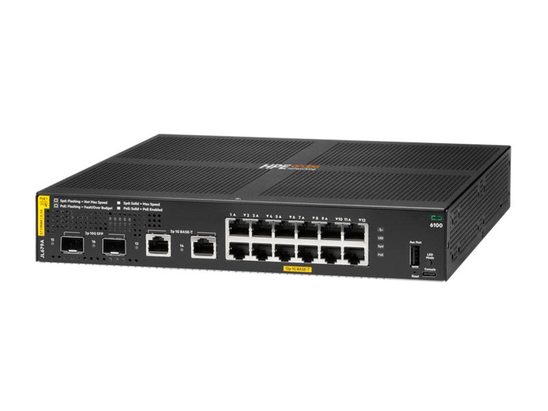 HPE Aruba Networking Aruba 6100 12G Class4 PoE 2G/2SFP+ 139W Managed L3 Gigabit Ethernet (10/100/1000) Power over Ethernet (PoE) 1U Schwarz JL679A#B2C