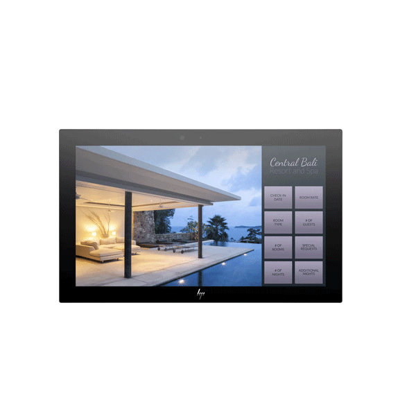 Een touchscreen monitor met een villa afgebeeld