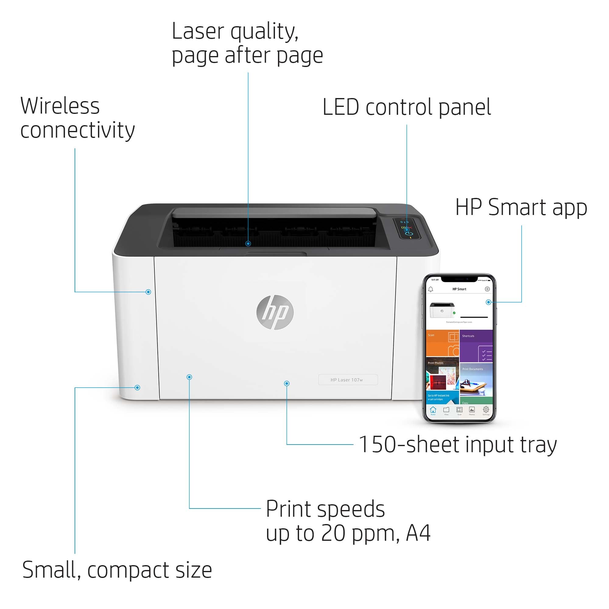 HP Laser 107w Wireless Black and white Printer, Duplex 209U7A#B19