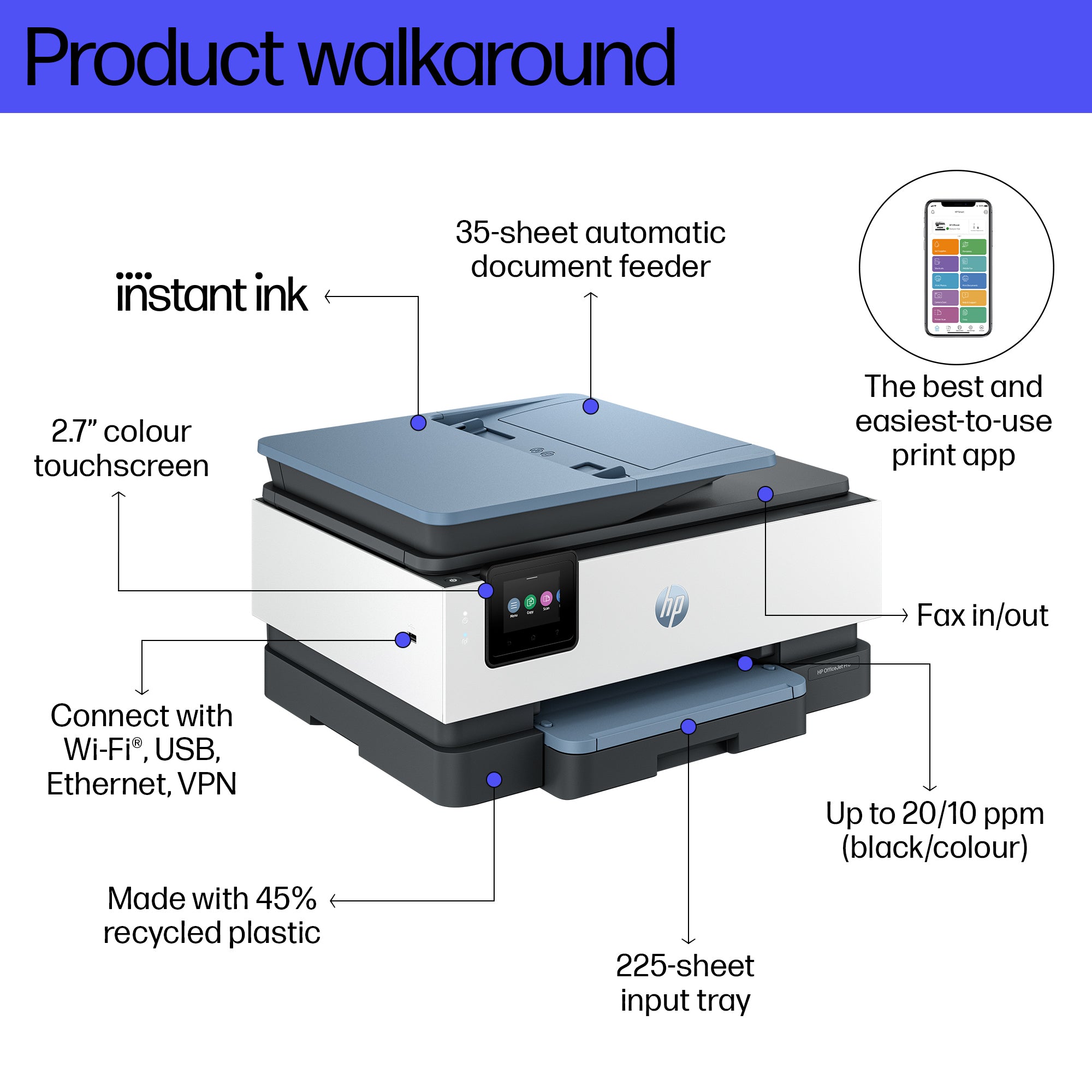 HP OfficeJet Pro 8125e Wireless All-in-One Farbe Drucker, Instant Ink; Beidseitiger Druck 405U8B#687