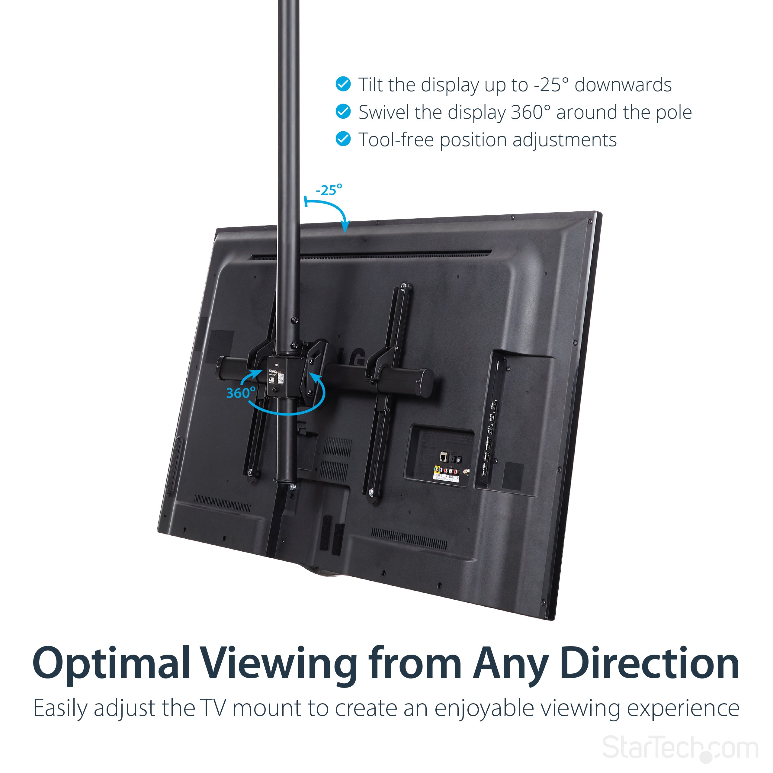 StarTech.com TV-Deckenhalterung, voll bewegliche Universal-Montagehalterung, VESA-Halterung für einzelne 32-Zoll-75-Zoll-Fernseher/Displays, neigbar/schwenkbar, höhenverstellbare Teleskopstange