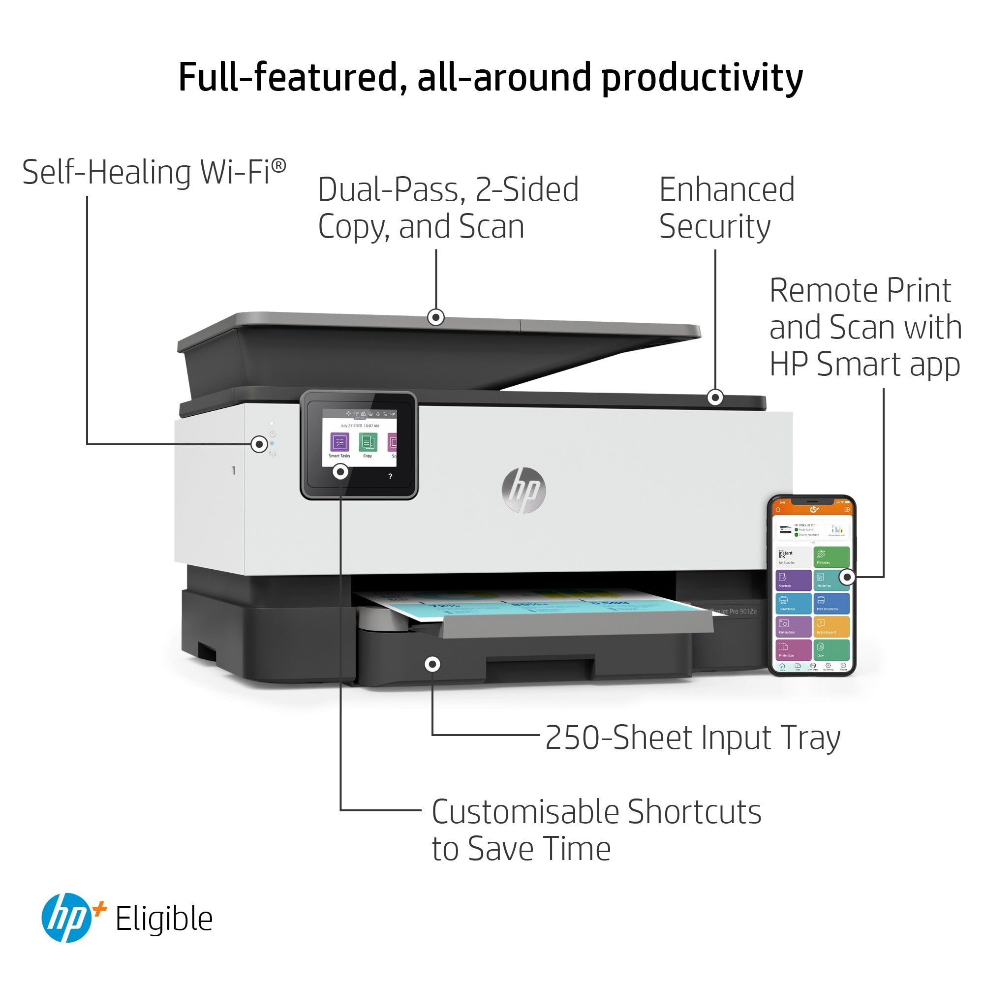 HP OfficeJet Pro 9012e Draadloos All-in-One Kleur Printer, Instant Ink; Dubbelzijdig printen