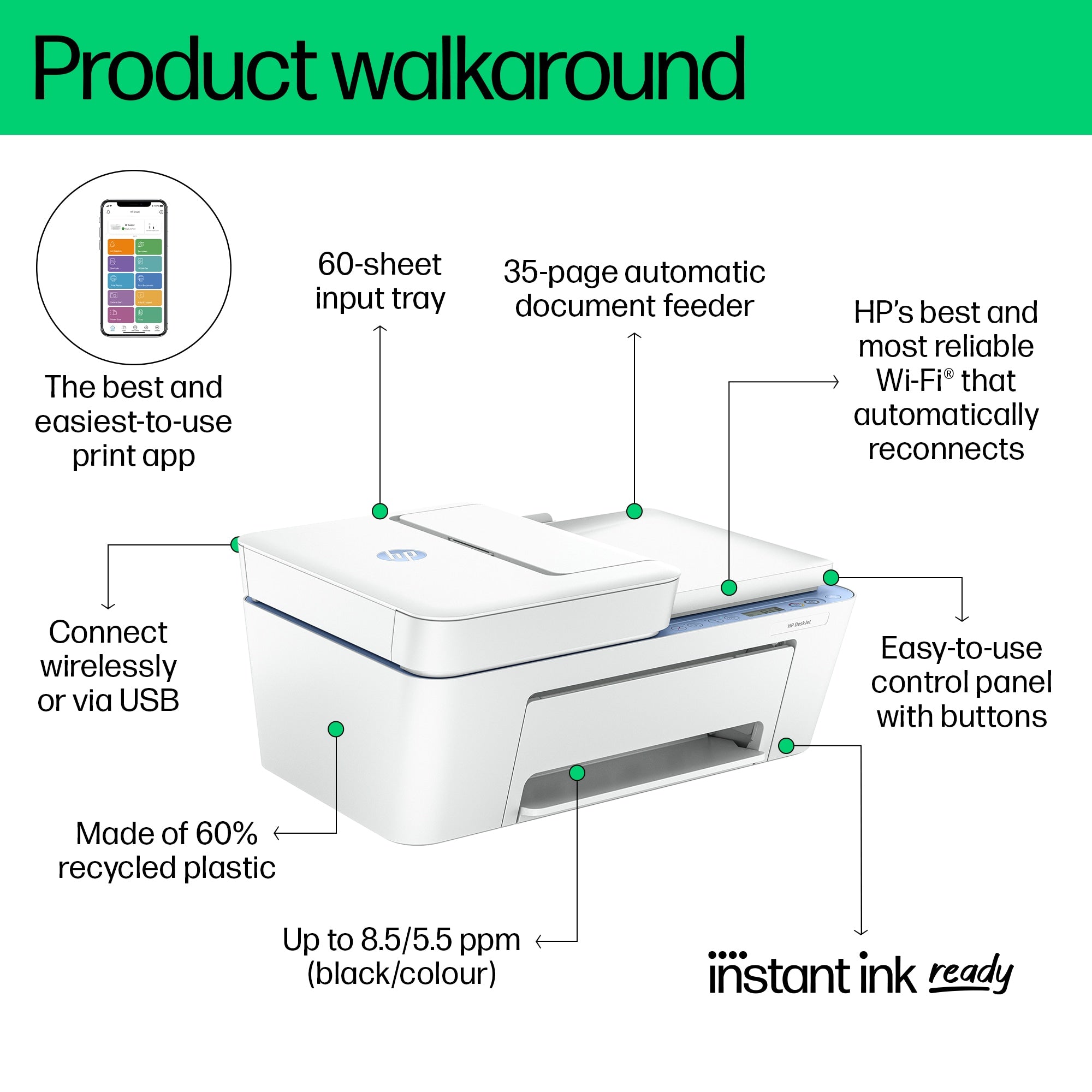HP DeskJet 4222e Draadloos All-in-One Kleur Printer, Instant Ink; Kopieerapparaat, scanner