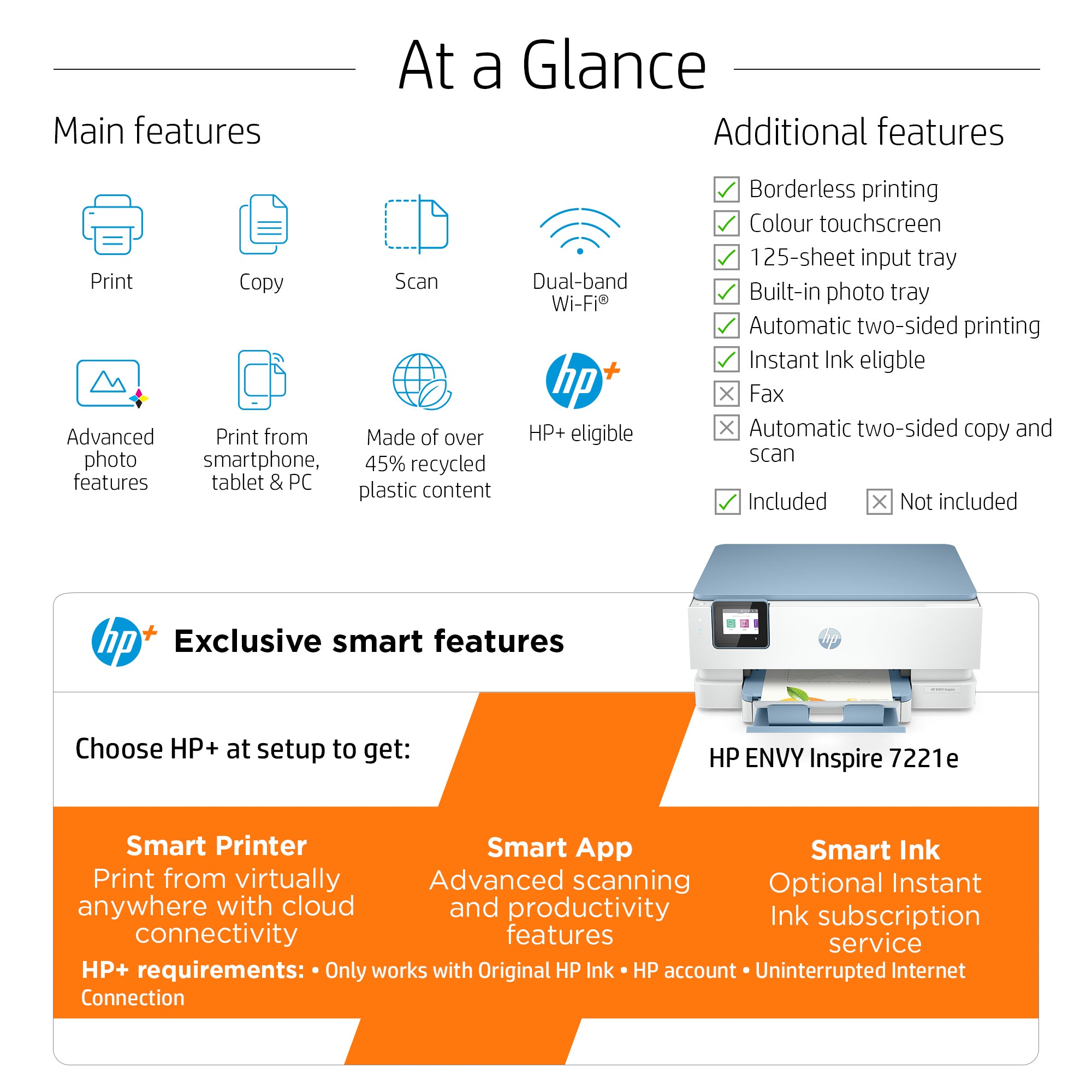 HP ENVY Inspire 7221e Wireless All-in-One Farbe Drucker, Instant Ink; Fotodruck