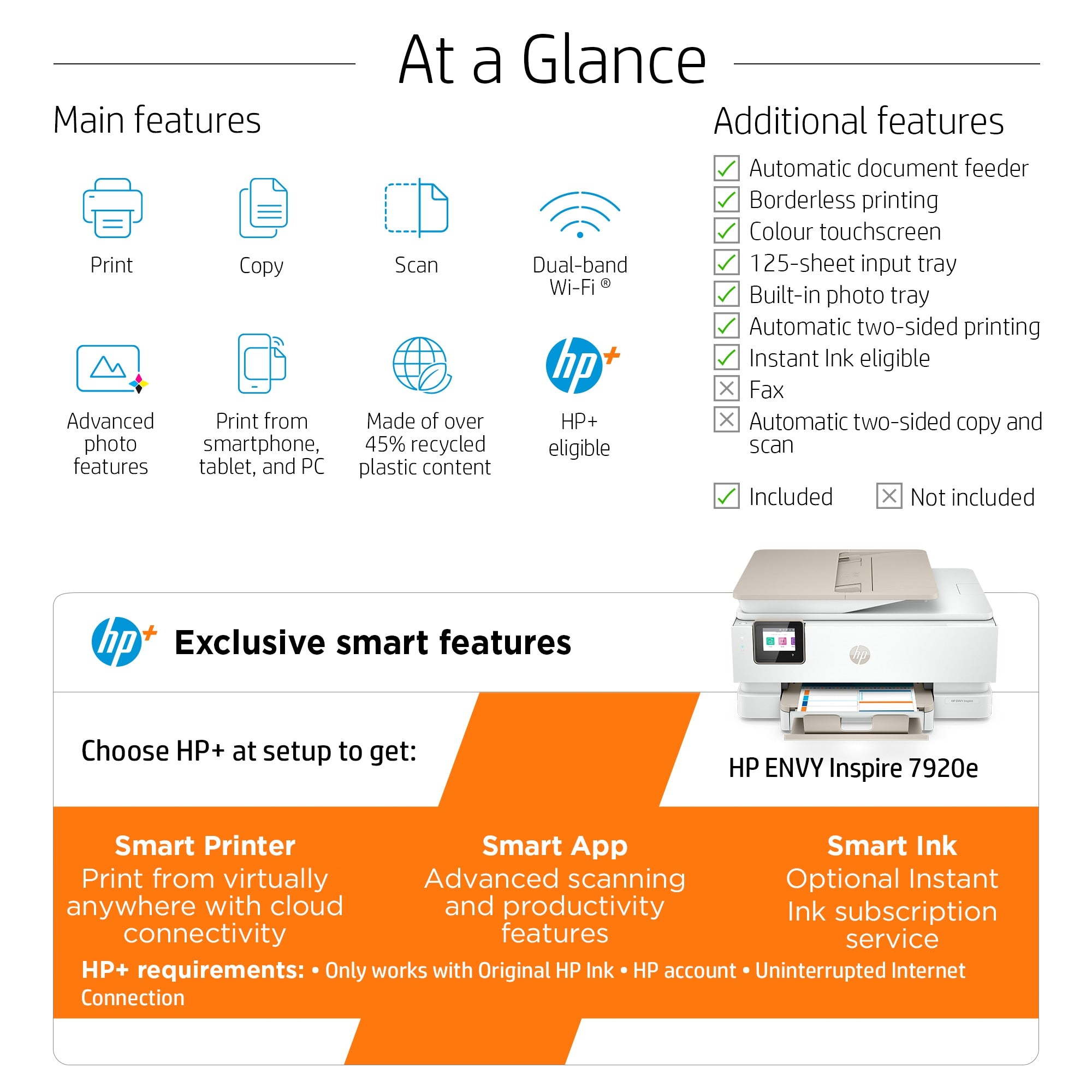 HP ENVY Inspire 7920e Draadloos All-in-One Kleur Printer, Instant Ink; Kopieerapparaat, scanner
