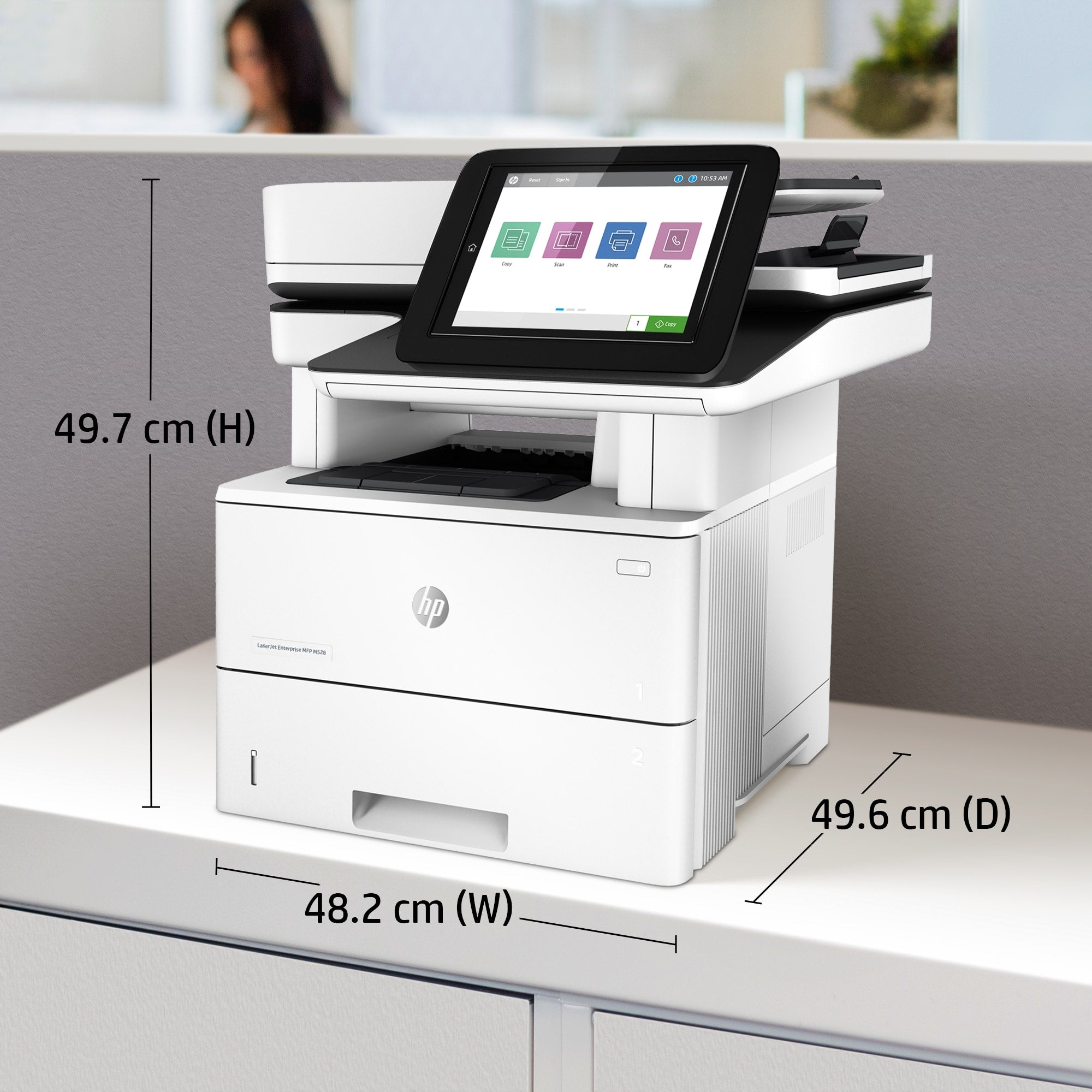 HP LaserJet Enterprise MFP M528dn, Black and white, Drucker für Drucken, Kopieren, Scannen und optionales Faxen, Drucken über die USB-Schnittstelle an der Vorderseite des Druckers; Scannen an E-Mail; Beidseitiger Druck; Beidseitiges Scannen