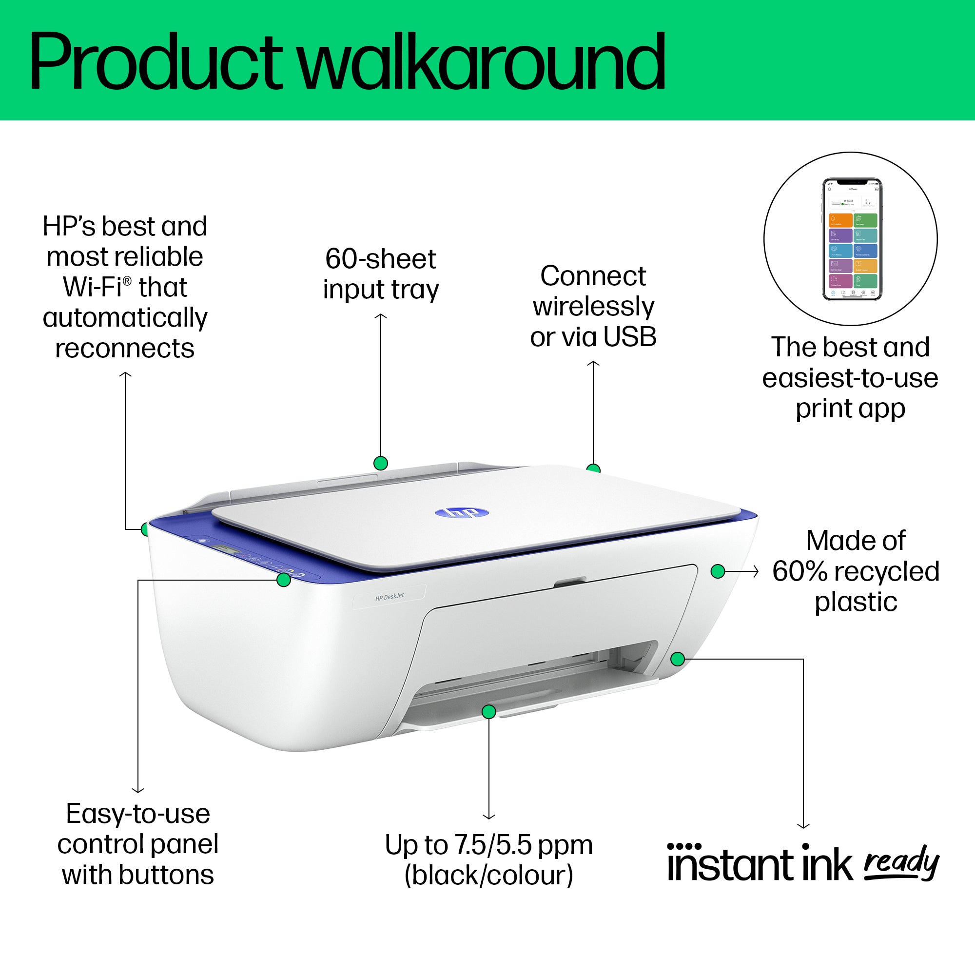 HP DeskJet 2821e Wireless All-in-One Farbe Drucker, Instant Ink; Kopierer, Scanner 588Q2B#629