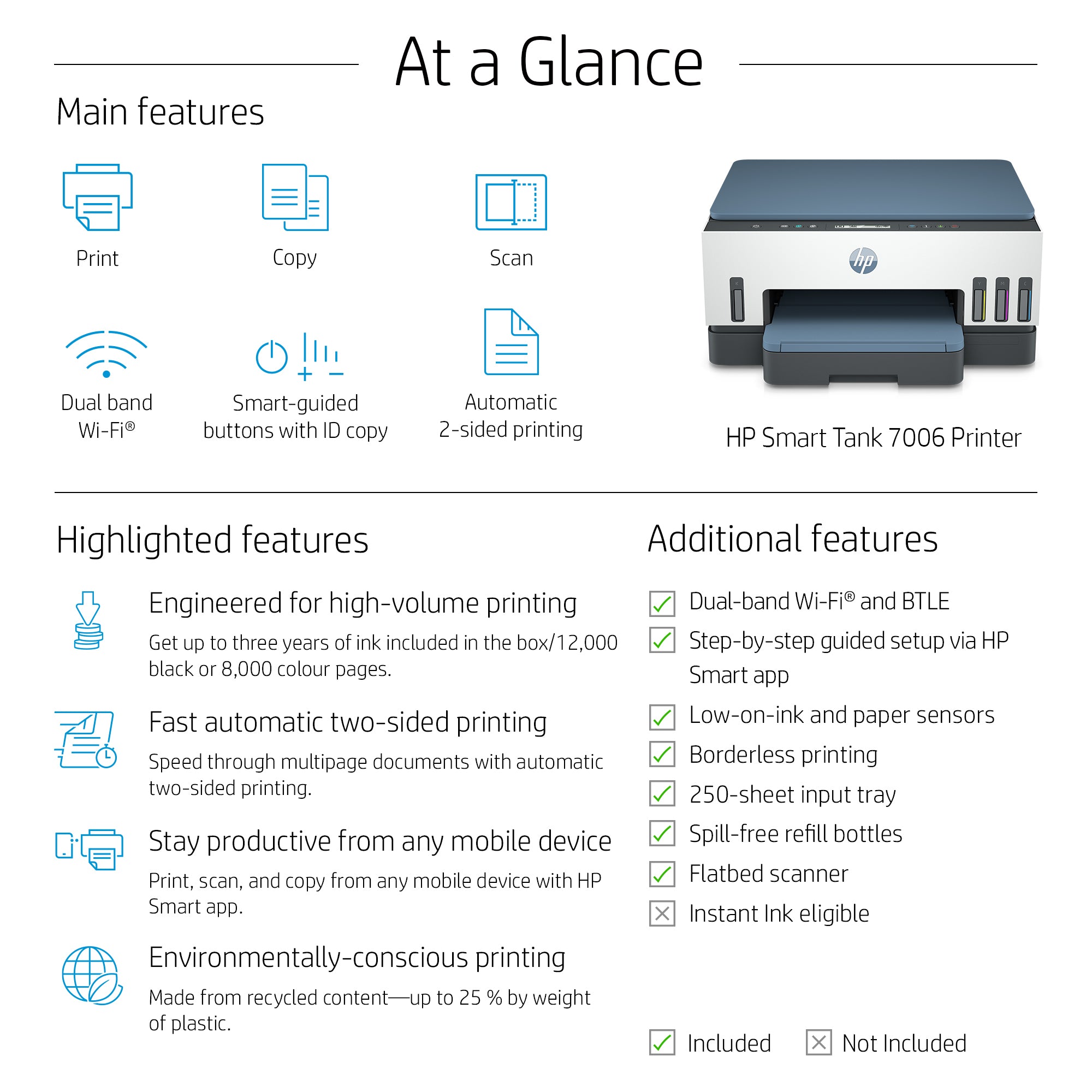 HP Smart Tank 7006 Wireless All-in-One Farbe Drucker, Beidseitiger Druck; Kopierer, Scanner
