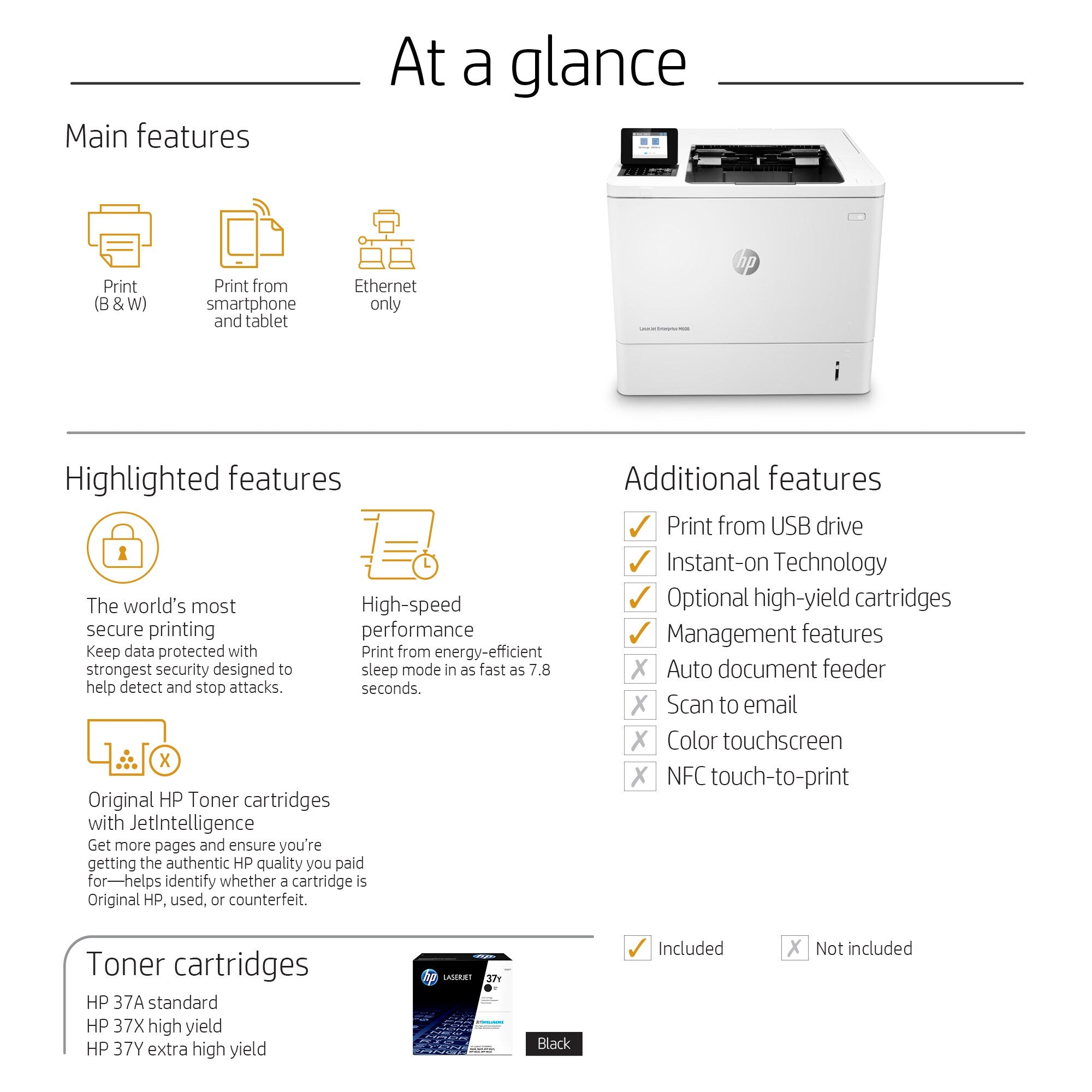 HP LaserJet Enterprise M608n, Schwarzweiß, Drucker für Kleine & mittelständische Unternehmen, Drucken, Wireless; Speicherkarten-Steckplatz; Optionale Heftung; JetIntelligence Tonerkartusche