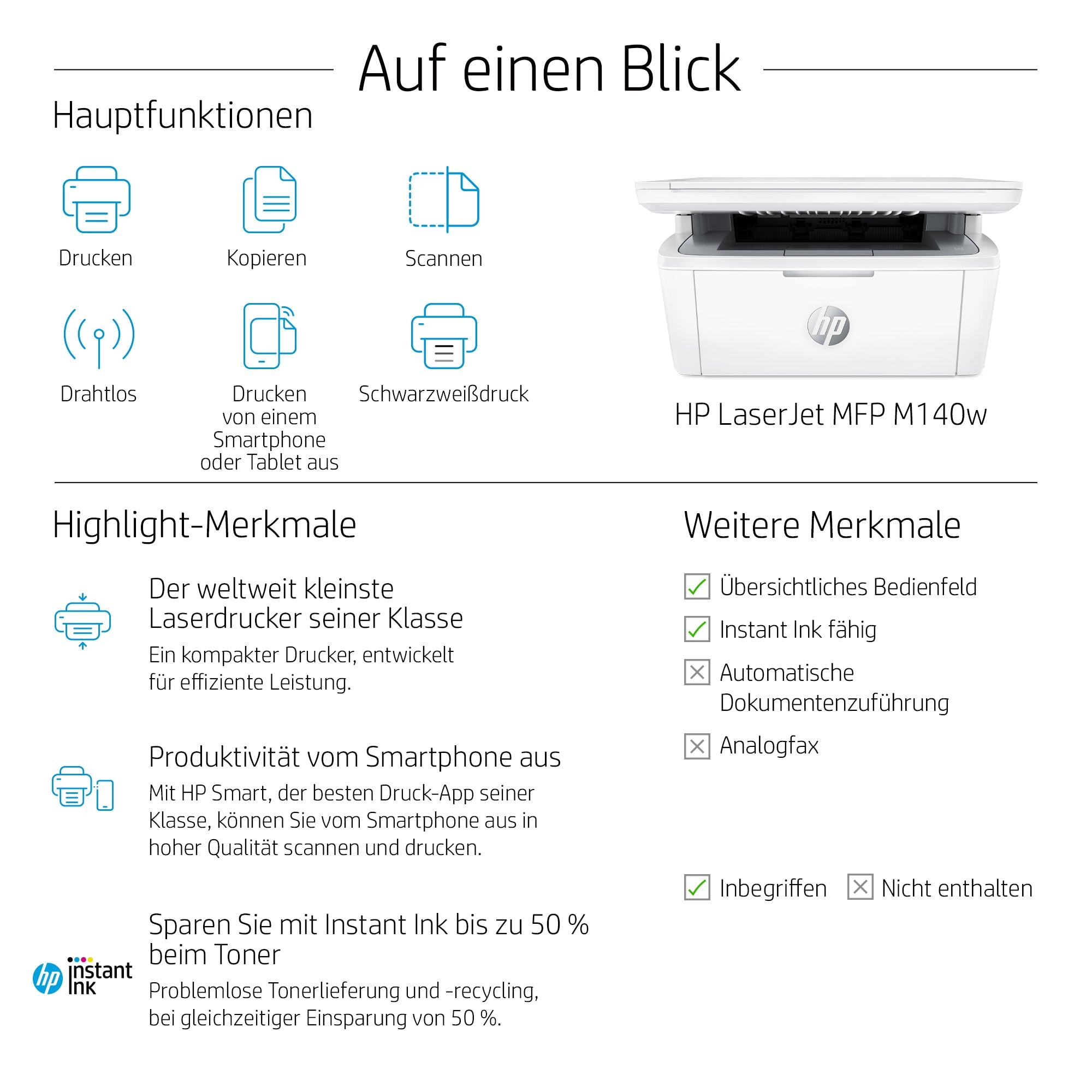 HP LaserJet MFP M140w Drucker, Schwarzweiß, Drucker für Kleine Büros, Drucken, Kopieren, Scannen, Scannen an E-Mail; Scannen an PDF; Kompakte Größe 7MD72F#B19