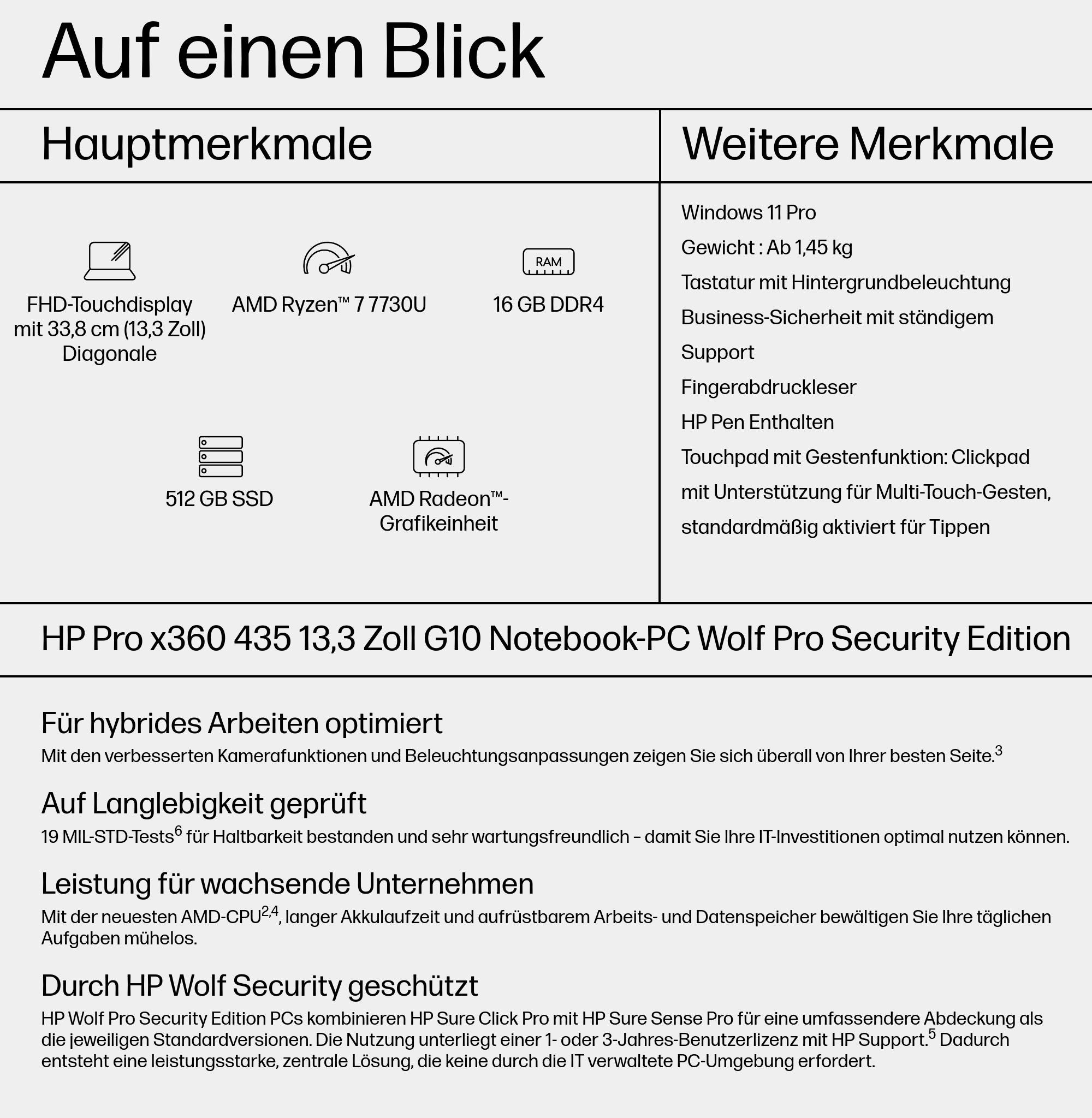 HP Pro x360 435 G10 Wolf Pro Security Edition AMD Ryzen™ 7 7730U Hybrid (2-in-1) 33,8 cm (13.3") Touchscreen Full HD 16 GB DDR4-SDRAM 512 GB SSD Wi-Fi 6 (802.11ax) Windows 11 Pro Silber 816F1EA#ABD