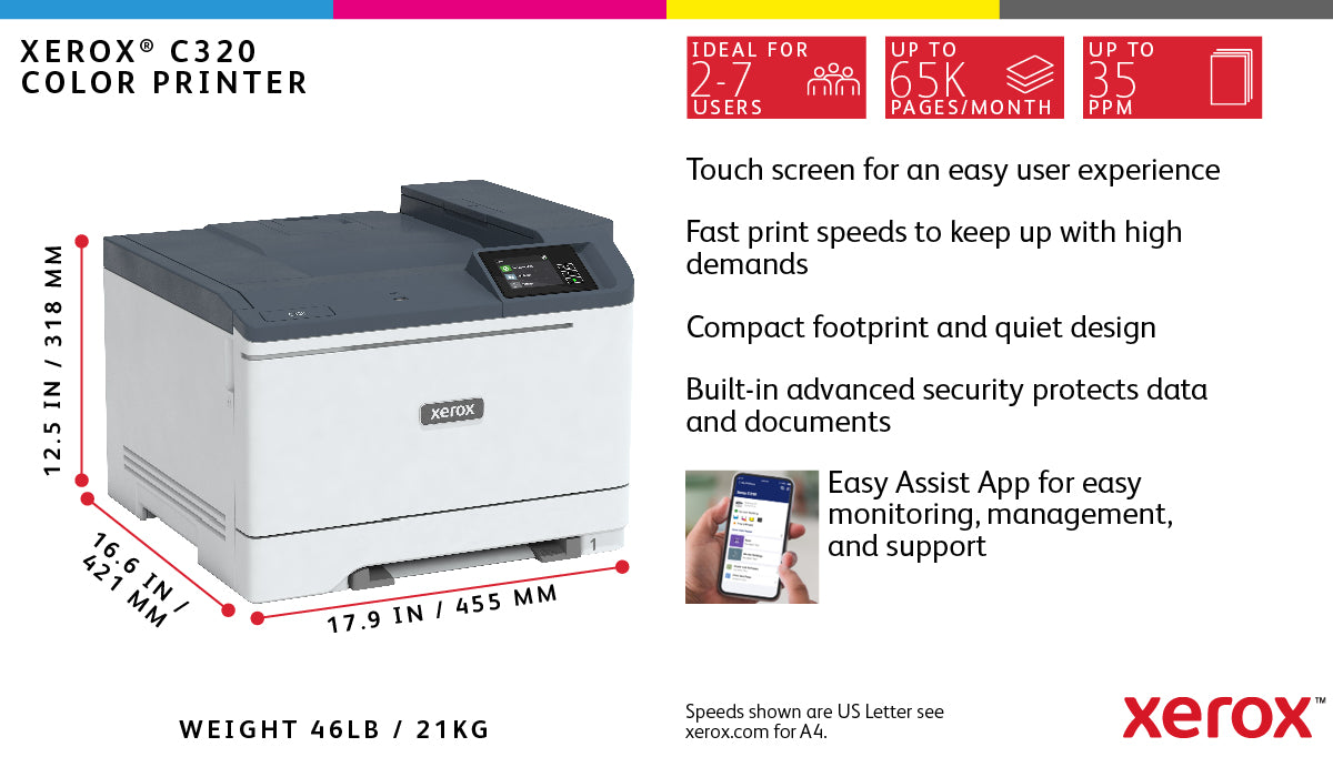 Xerox C320 A4 33 ppm kabelloser Duplexdrucker PS3 PCL5e6/6 2 Fächer insgesamt 251 Blatt