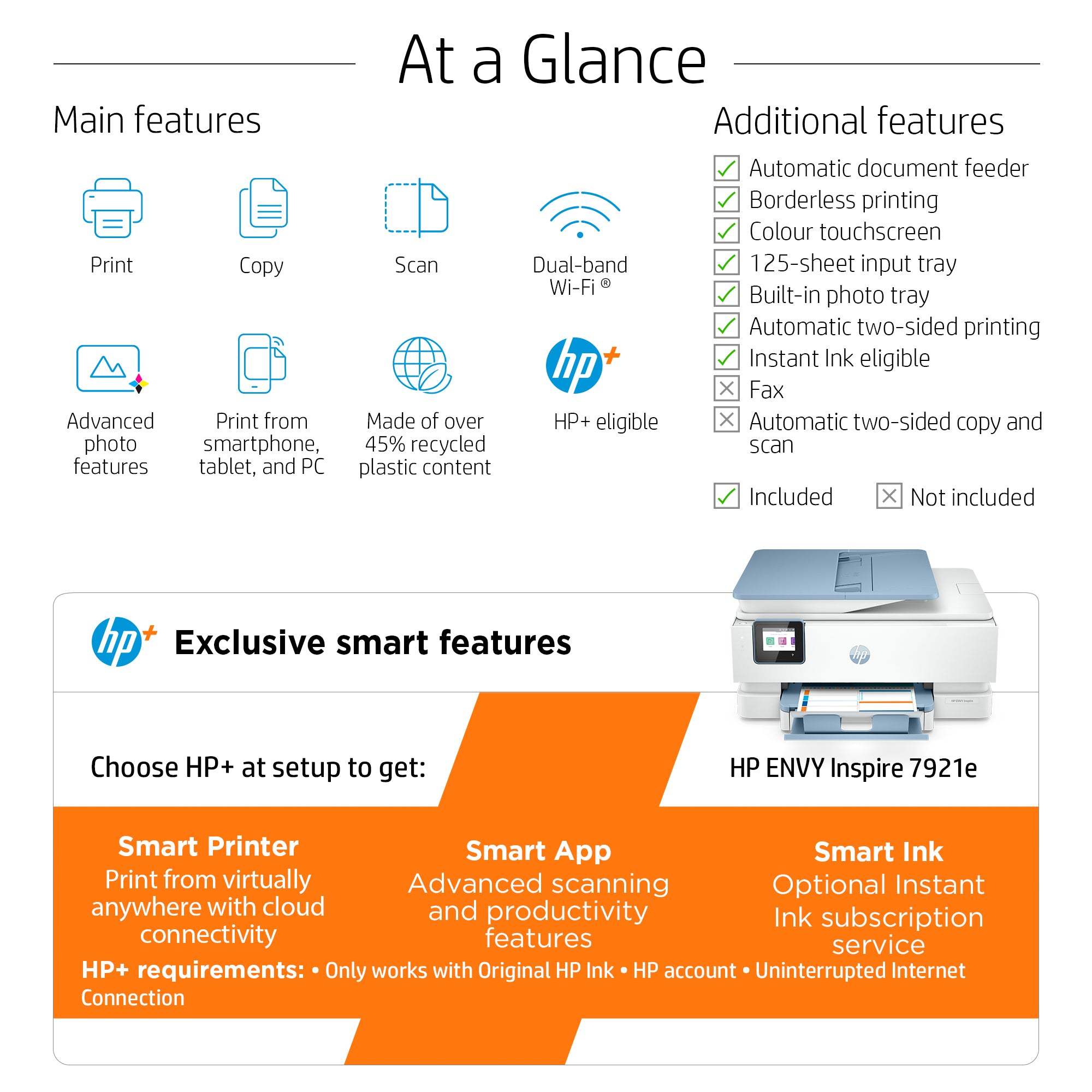 HP ENVY Inspire 7921e Wireless All-in-One Farbe Drucker, Instant Ink; Fotodruck 2H2P6B#629