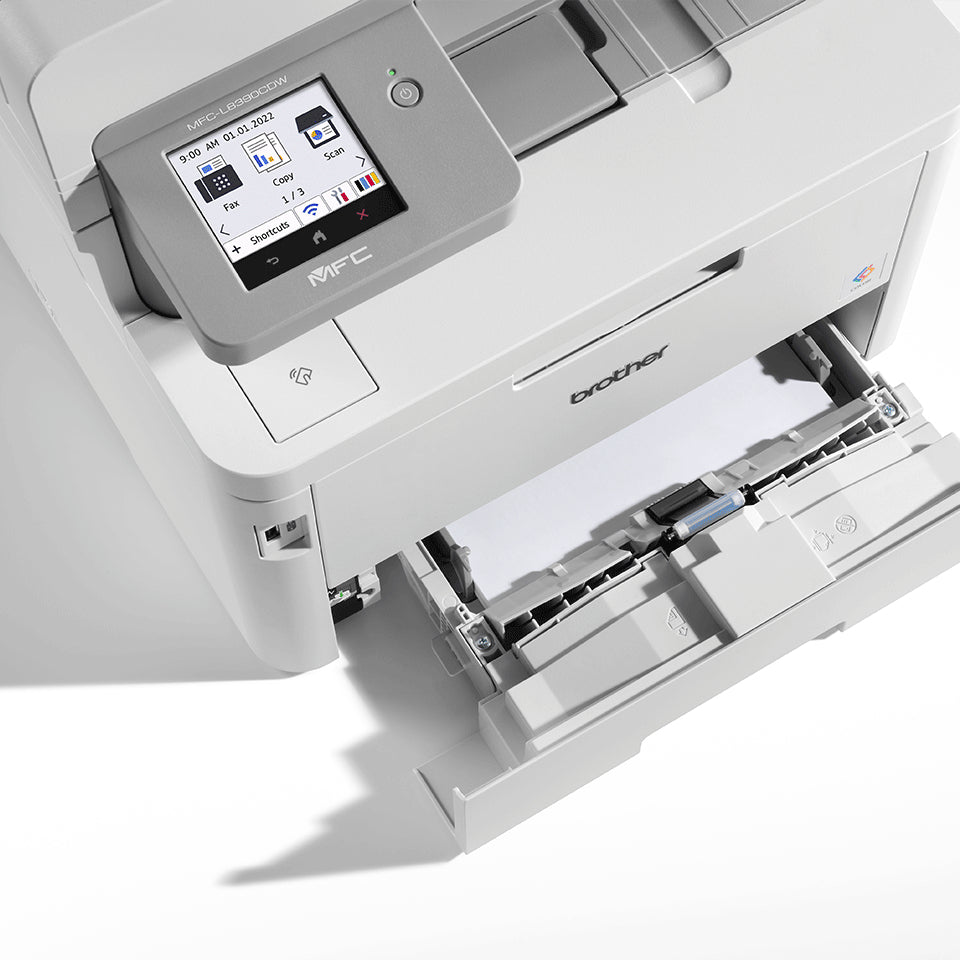 Zakelijke A4 all-in-one color LED printer with duplex printing and scanning, high capacity toner cartridges, and flexible paper handling.