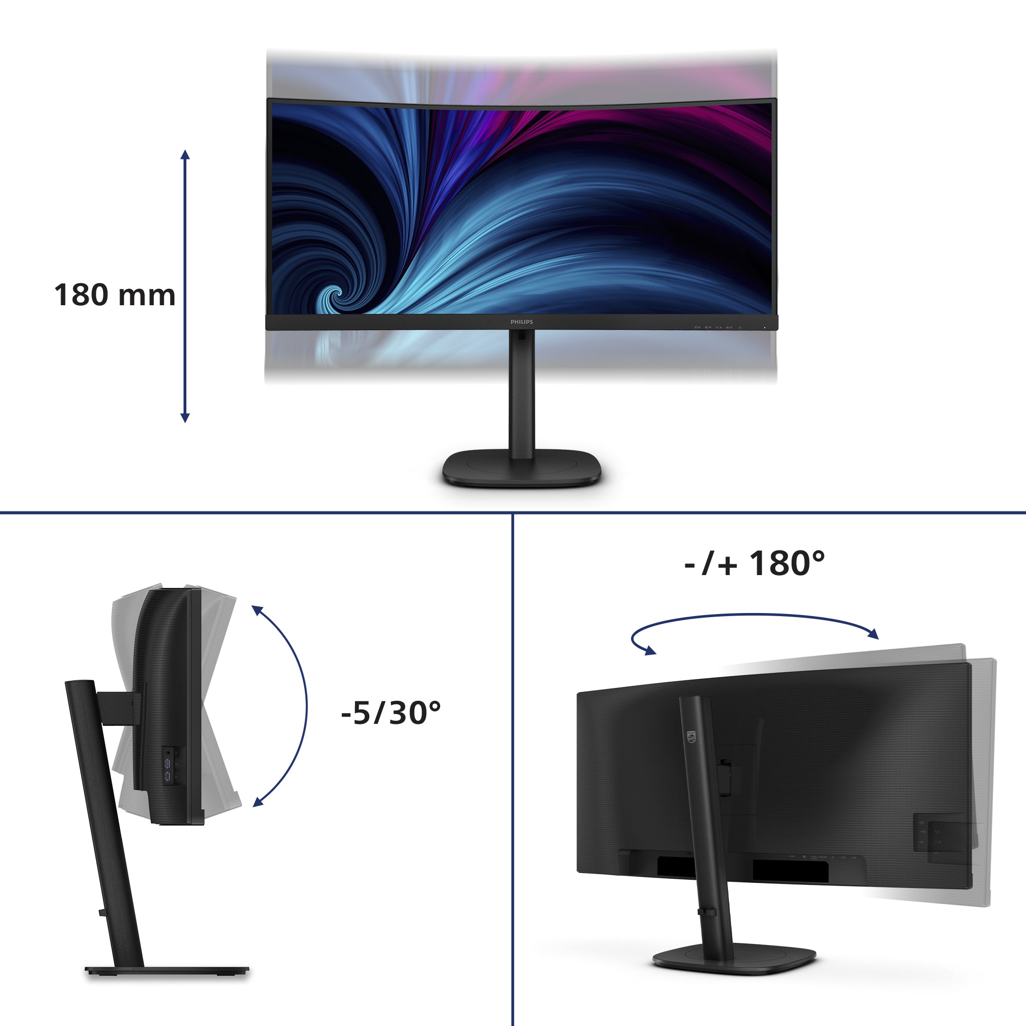 Philips 3000 series 34B2U3600C/00 Computerbildschirm 86,4 cm (34") 3440 x 1440 Pixel Wide Quad HD LCD Schwarz 34B2U3600C/00