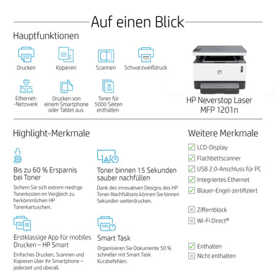 HP Neverstop Laser MFP 1201n, Zwart - wit, Printer voor Bedrijf, Printen, kopiëren, scannen, Scans naar pdf 5HG89AB19 - Compridis