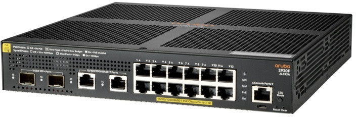 HPE Aruba 2930F 12G PoE+ 2G/2SFP+ Managed L3 Gigabit Ethernet (10/100/1000) Power over Ethernet (PoE) 1U Schwarz 