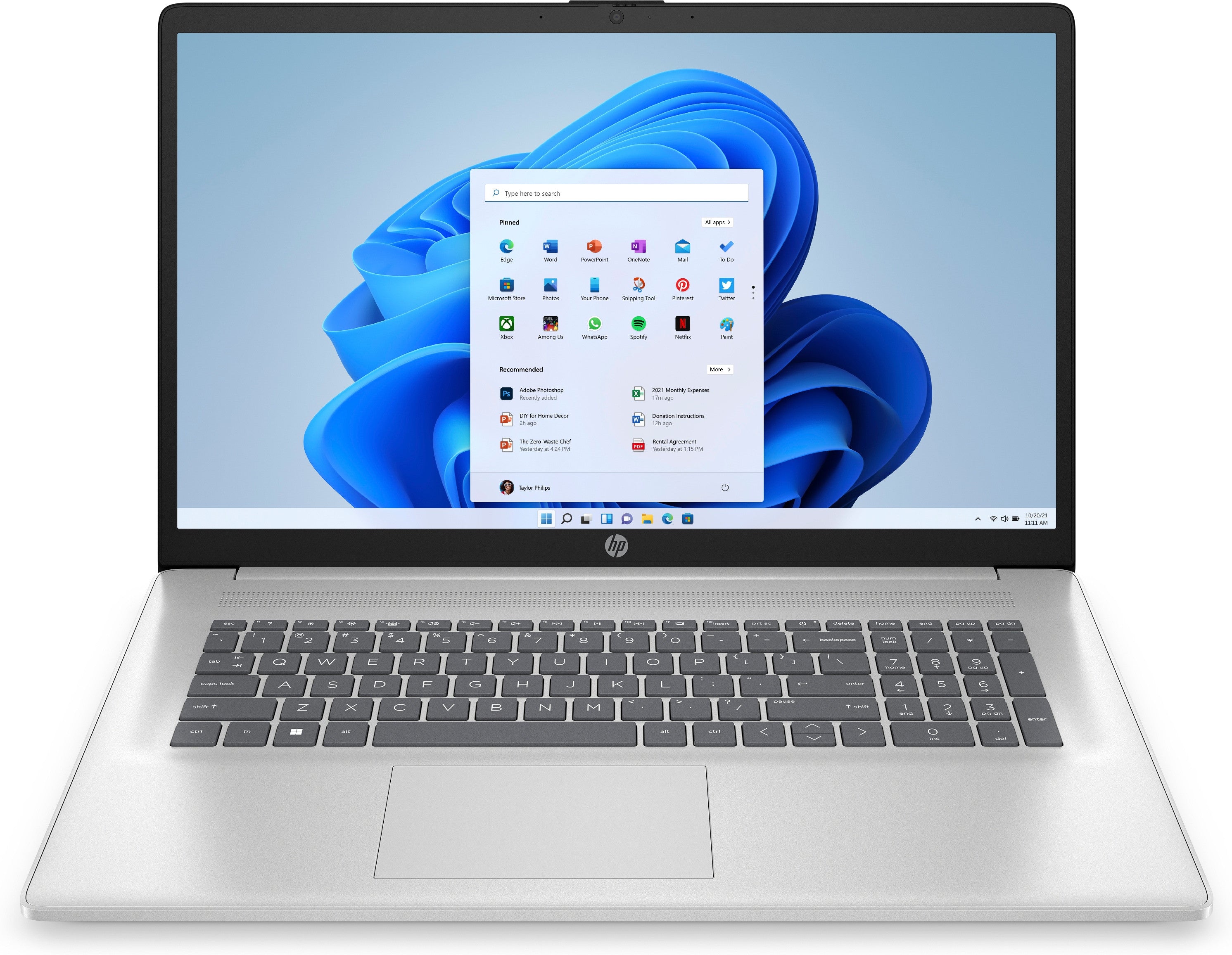 HP 17-cp0276ng AMD Ryzen™ 7 5700U Laptop 43,9 cm (17.3") Full HD 16 GB DDR4-SDRAM 512 GB SSD Wi-Fi 5 (802.11ac) Windows 11 Home Silber 17-cp0276ng