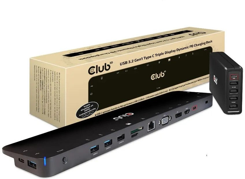 CLUB3D USB Type C 3.2 Gen1 Triple Display Dynamic PD Charging Dock 100W PD Power charger
